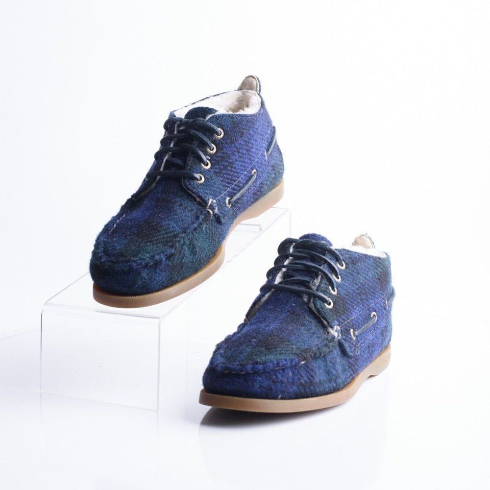 Sperry Top Sider J Crew Womens Blue Plaid Chukka Shoes US 8.5 Sherpa Lined